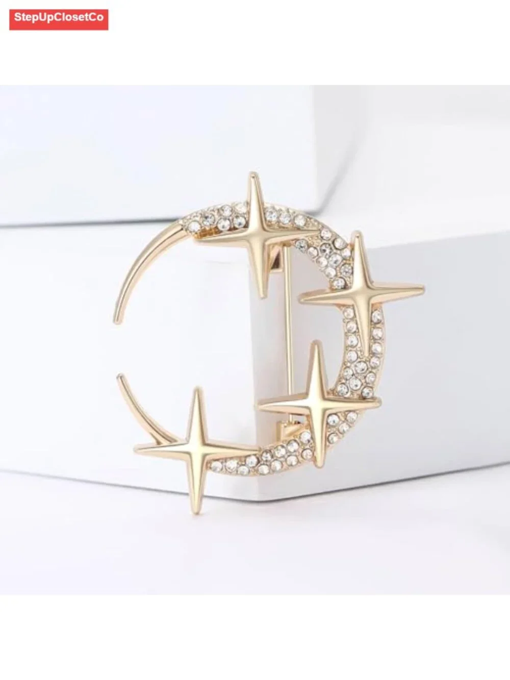 Dainty Crystal Moon Star Brooches Pins, Cubic Zirconia Sparkling Lapel Pin for